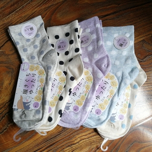 外贸日单春秋薄款 棉麻松口女袜日系甜美短袜女生波点花朵中筒袜子