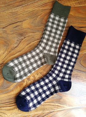 出清！外贸日单秋冬女士保暖毛混中筒袜子复古格子双针双路女袜