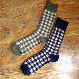 出清 外贸日单秋冬女士保暖毛混中筒袜子复古格子双针双路女袜