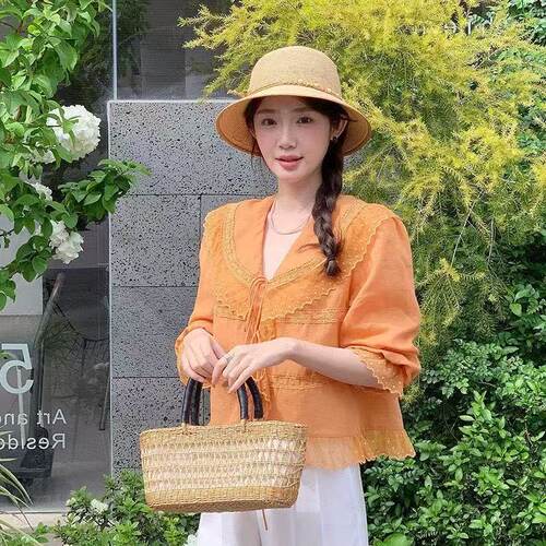 2026法式新款甜美蕾丝拼接衬衫超仙长袖度假系带洋气别致设计上衣