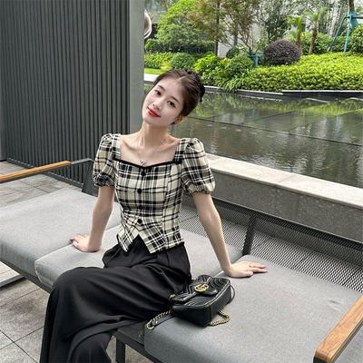 法式高级感泡泡袖格子衬衫