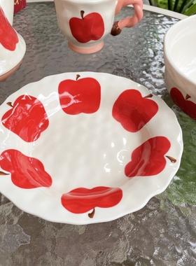 JW  高颜值复古红色苹果陶瓷田园风餐具菜盘深盘汤碗水果碗马克杯