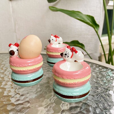 JW釉下彩手绘少女心打瞌睡猫咪陶瓷蛋美妆蛋托卡通高颜值公仔摆件