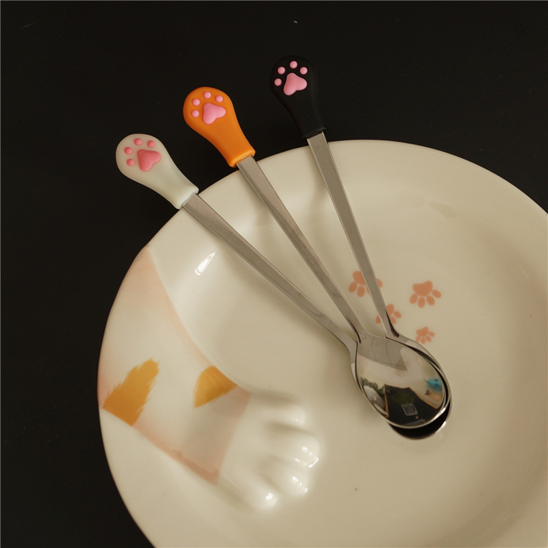 软萌猫爪肉球搅拌勺 可爱立体小猫肉垫不锈钢小勺点心雪糕勺