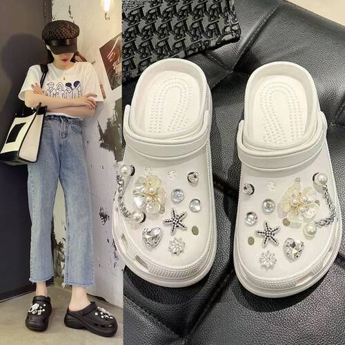 夏季新款水钻珍珠增高洞洞鞋女