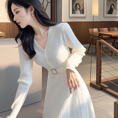 韩国秋冬新款正式场合通勤气质女神范V领针织毛衣连衣裙打底内搭