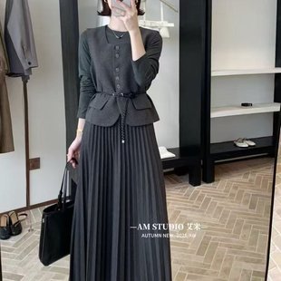 套装 2025秋冬显瘦气质小香风马甲 皮带时尚 百褶长裙 三件套 长袖