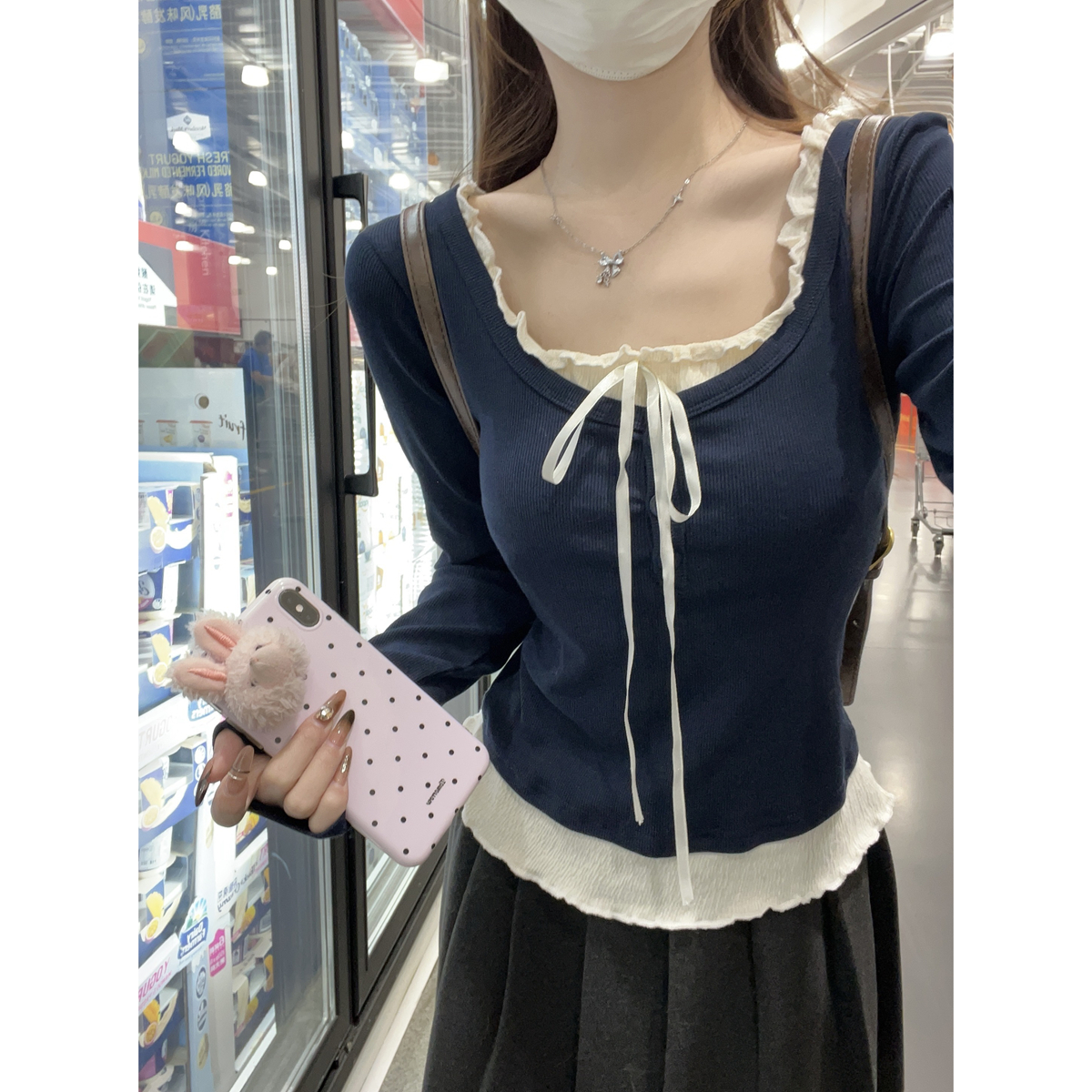 实拍实价 早秋韩版撞色拼接纯欲甜美假两件设计长袖内搭T恤上衣女