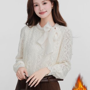 已出货加绒加厚港风复古气质感蕾丝长袖 女打底显瘦百搭上衣 衬衫