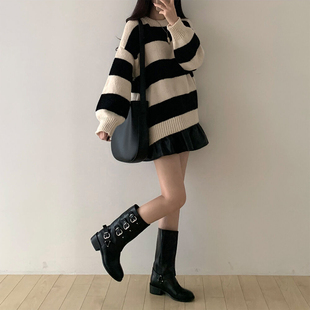 针织衫 已出货韩版 简约长袖 条纹慵懒风宽松毛衣套头中长款 秋冬厚款