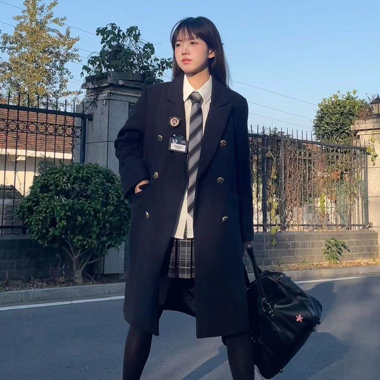 实拍 jk制服毛呢大衣外套女冬季学院风小个子黑色百褶裙套装