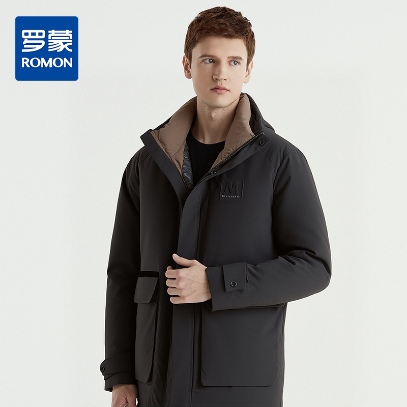 【90白鹅绒】罗蒙冬季男士加厚连帽羽绒服保暖内胆时尚潮男百搭休