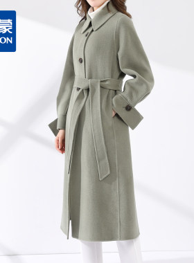 罗蒙冬季双面呢大衣女中长款系带收腰商务通勤羊毛呢子大衣外套女