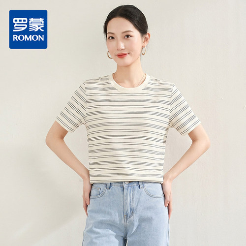 【经典细条纹】罗蒙春夏薄款女士T恤减龄百搭日常通勤圆领短袖t恤