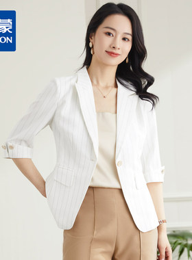 罗蒙夏季女装轻薄短袖小西装外套女士时尚休闲通勤百搭条纹单西服