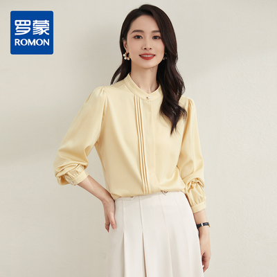 罗蒙春秋女装长袖衬衫女士时尚通勤百搭设计感圆领缎面衬衣女上衣