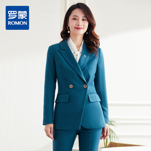 【上衣+裤子】罗蒙春秋女士西服套装修身显瘦双排扣商务通勤两件