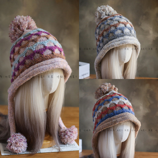 出口日韩~费尔岛毛球针织开叉护耳帽女秋冬保暖显脸小毛线帽047