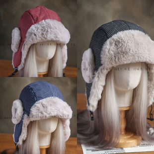 出口日韩 格纹加厚毛绒雷锋帽女骑车防风保暖护耳滑雪帽079 冬季