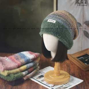 复古拼色毛绒针织帽保暖护耳登山堆堆帽冷帽018 新款 出口日本 春季