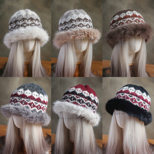 出口日韩~秋冬毛绒边提花针织毛线帽女百搭保暖防寒加绒渔夫帽049