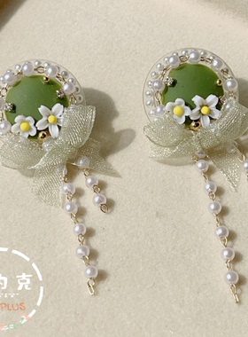 新款礼帽花朵蝴蝶结珍珠流苏耳环  绿色小清新少女耳钉ED-003