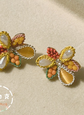 夏日出游黄色花朵耳钉小众设计感彩色水晶耳饰ED-006