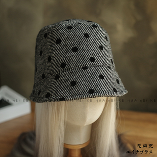 出口日韩 波点格纹毛呢渔夫帽女秋冬复古文艺风百搭显脸小盆帽019