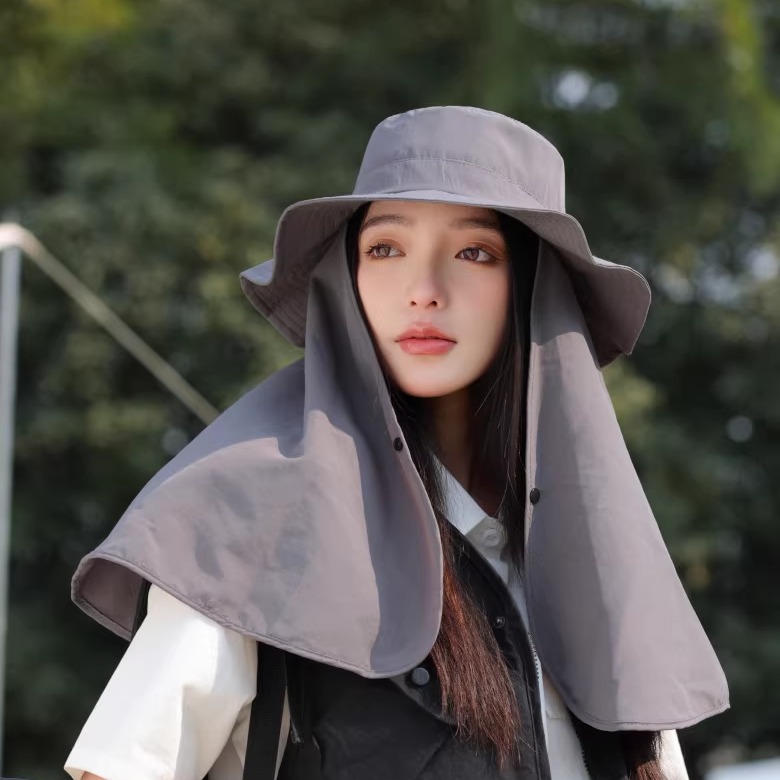 出口日韩~春夏季户外全方位防晒披肩一体遮阳帽子男女058