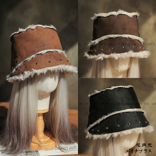 出口日韩 复古皮毛一体铆钉毛绒水桶帽女秋冬加厚保暖渔夫帽090