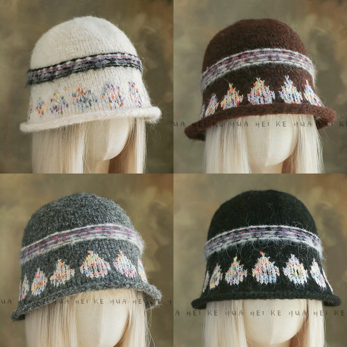 出口日韩~复古提花卷边毛线针织帽女秋冬文艺小众保暖针织盆帽006