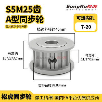 HTPA25S5M100 150 250-A-N-d8至20孔S5M25齿同步轮铝合金同步带轮