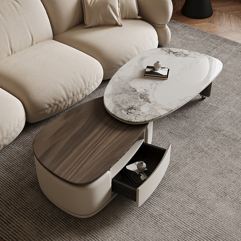 伸缩岩板茶几异形茶几家用小户型省空间茶桌可伸缩旋转设计师茶几