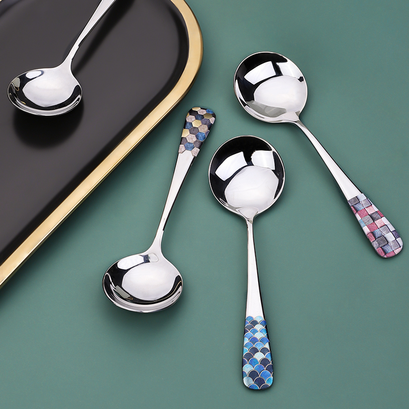 韩式304不锈钢勺子家用吃饭勺调羹 网红创意长柄甜品勺圆头勺汤匙