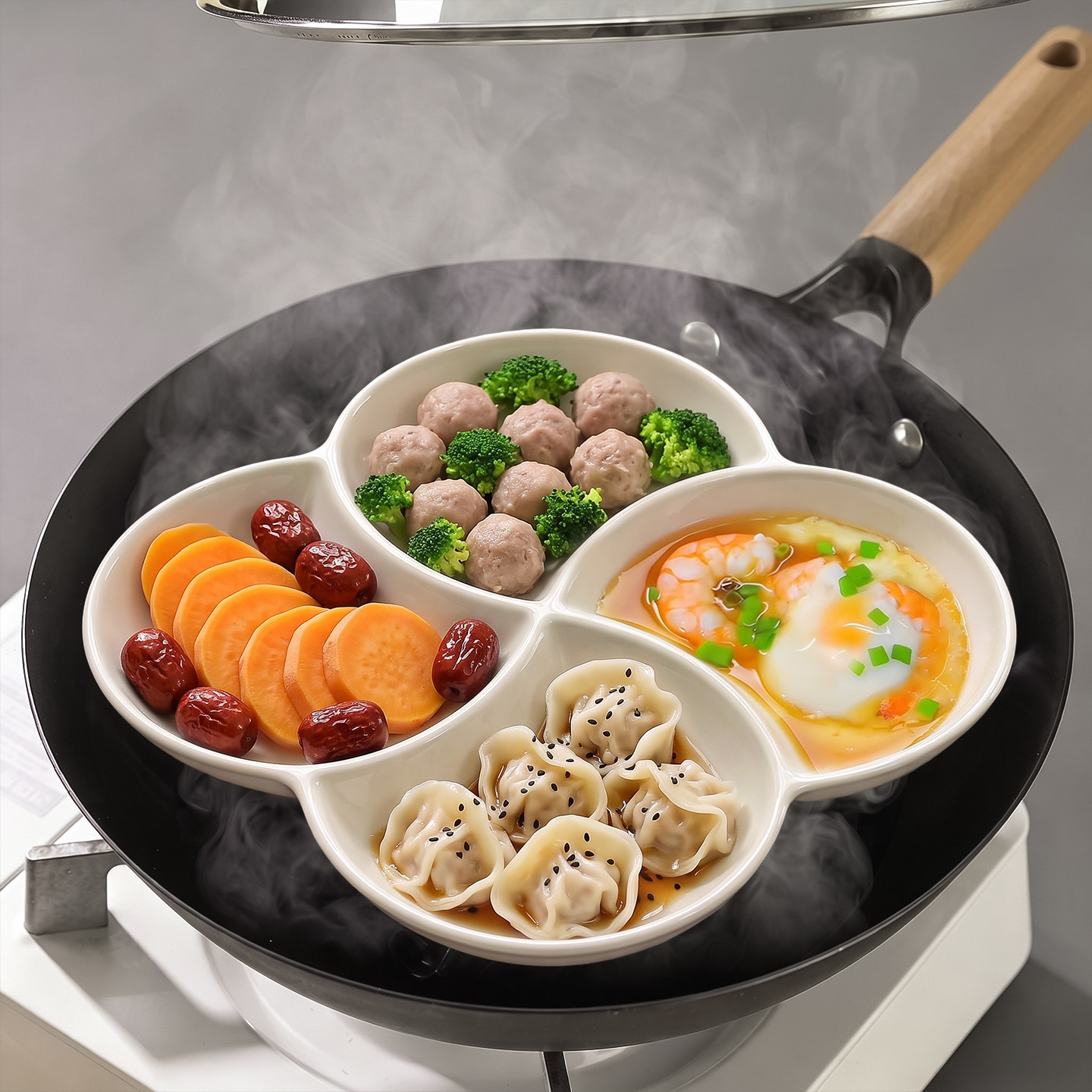 陶瓷四喜蒸盘家用分格餐盘减脂早餐盘子四格点心备菜盘拼盘分隔盘										