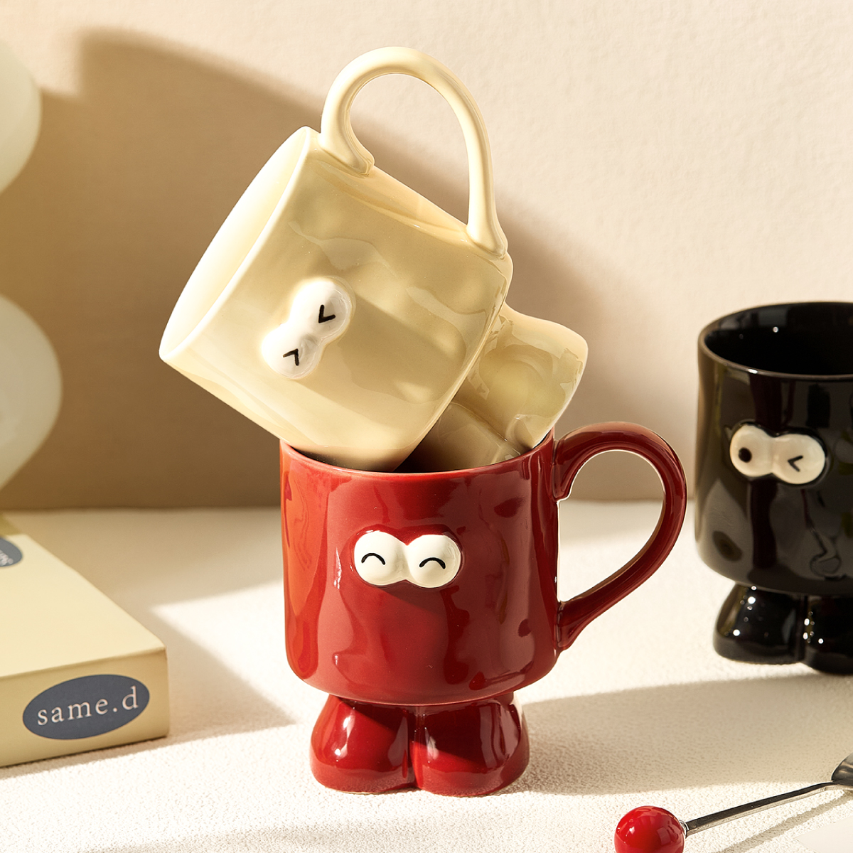 陶瓷高脚马克杯情侣对杯红色创意搞怪喝水杯子家用早餐杯咖啡杯子