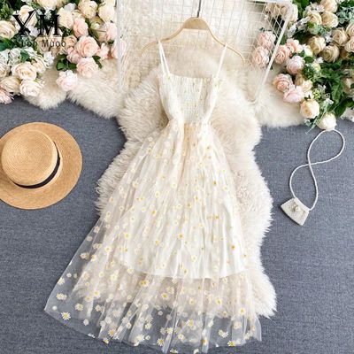 Korean Fashion Daisy Flower Print Mesh Party Dress