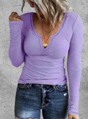 Ribbed Solid Notch Neck T-Shirt, Casual Long Sleeve Top For