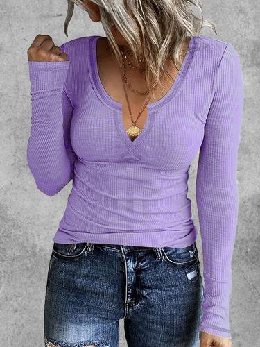 Ribbed Solid Notch Neck T-Shirt, Casual Long Sleeve Top For