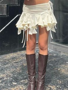 Low Waist Ruffle Mini Pleated Irregular Skirts Women Tie