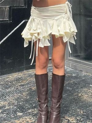Women Mini Skirts Low Waist Tie Up Irregular Ruffle Pleated