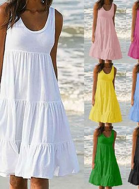 Women Causual O Neck Sleeveless Ruffles Mini