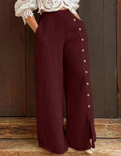 Waist Pocket Wide Women Pants Elastic Leg Button Fashion
