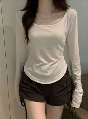 Square Neck Long Sleeve T-Shirt Women Spring  Autumn  New