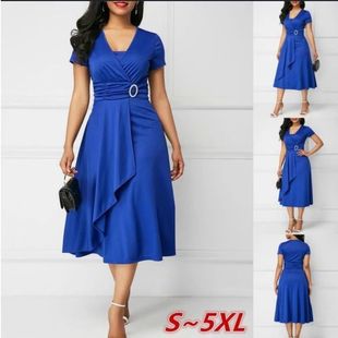 Plus Size Dress Elegant Women Solid Color Short Sleeve V