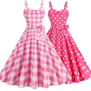 Dress Sexy Suspender Gown Plaid Summer Pink Women Retro
