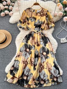 Floral Women Print Pleated Dress Summer Midi Bohemian