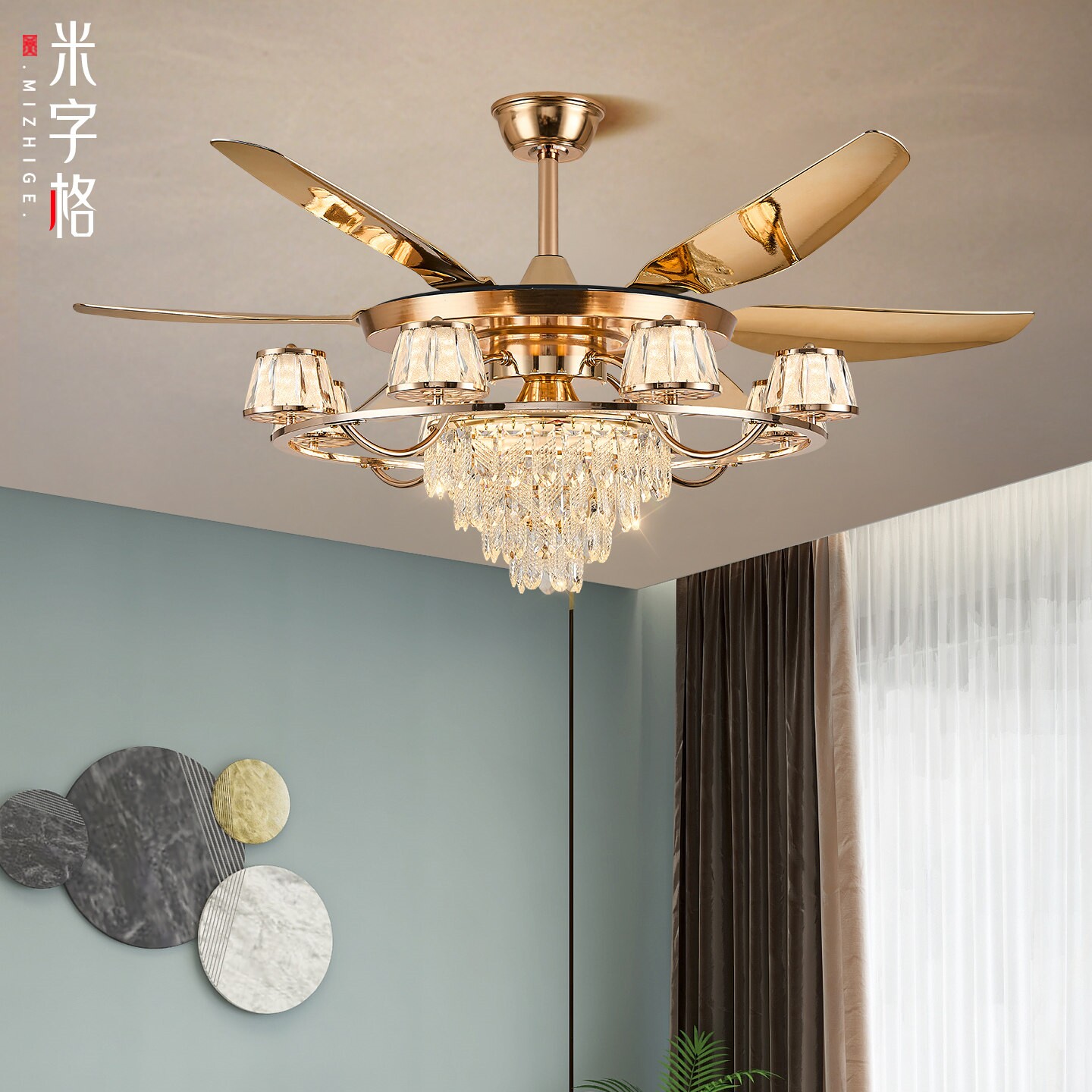 现代轻奢水晶客厅风扇灯餐厅吊扇静音智能变频家用别墅吊灯一体灯