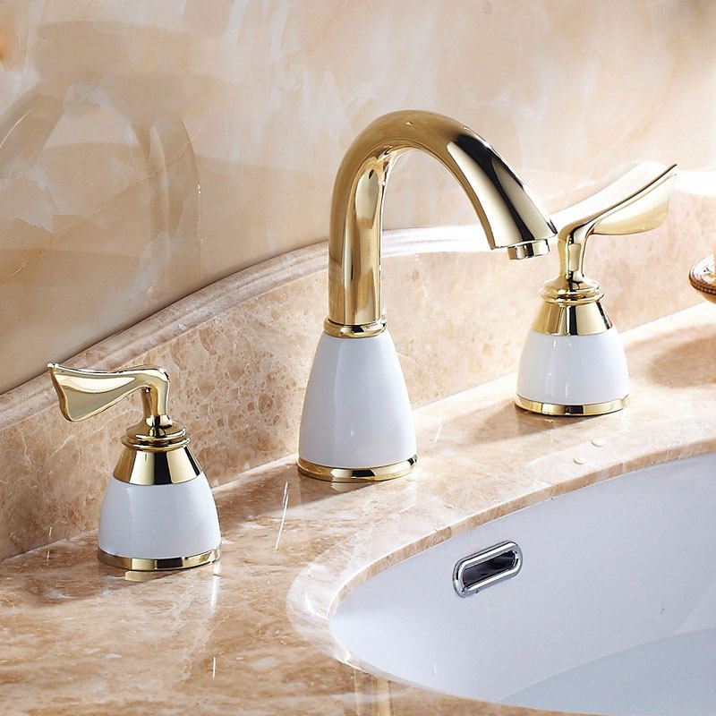 欧式家用金色双把三孔冷热水龙头全铜古洗手面盆分体式龙头