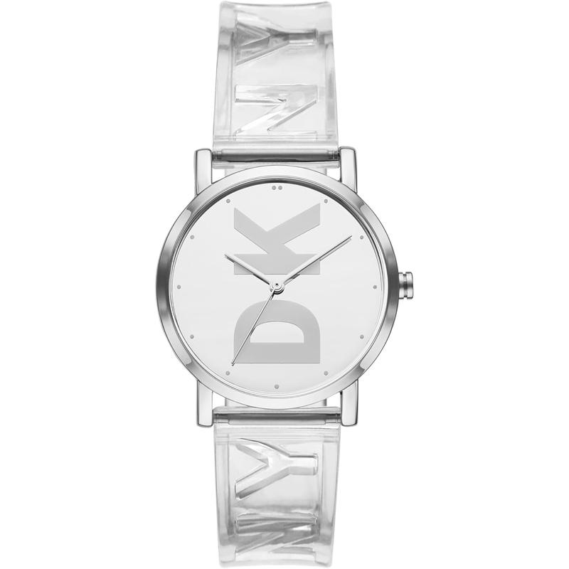 DKNY/唐可娜儿女士时尚腕表银色表盘透明表带石英机芯简约设计